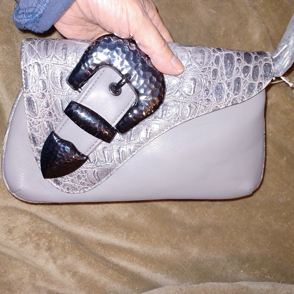 NWT Charm and Luck Purse Clutch Handbag Faux Embossed Croc Gray Gunmetal - Picture 3 of 11
